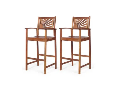 2 Pieces Outdoor Acacia Wood Bar Chairs with Sunflower Backrest and Armrests
