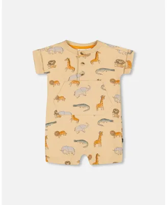 Baby Boy French Terry Romper Beige Printed Jungle Animal - Infant