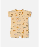 Baby Boy French Terry Romper Beige Printed Jungle Animal - Infant