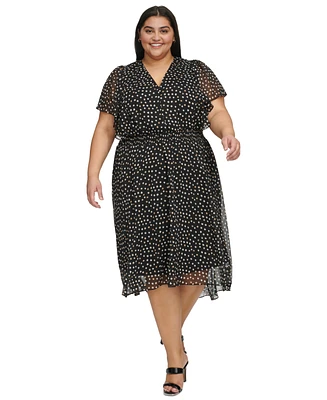 Dkny Plus Dot-Print Crinkle-Chiffon Smocked Midi Dress