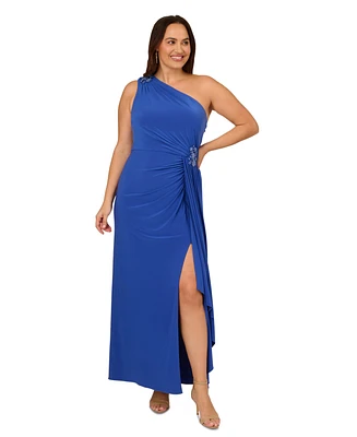 Adrianna Papell Plus One-Shoulder Draped Jersey Gown