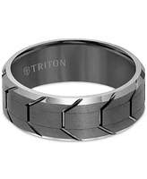 Triton Men's Beveled Edge Tread Wedding Band Gunmetal Gray Tungsten Carbide