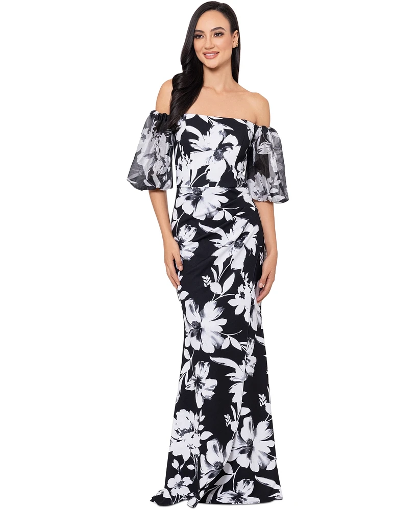 Xscape Women's Floral-Print Off-The-Shoulder Gown