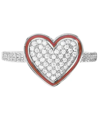 Cubic Zirconia Pave & Enamel Frame Heart Ring Sterling Silver