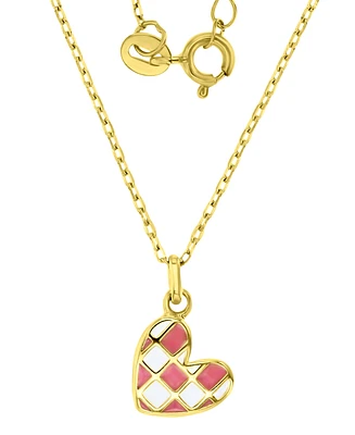 Enamel Heart Checkerboard Pattern Pendant Necklace 14k Gold-Plated Sterling Silver, 13" + 2" extender