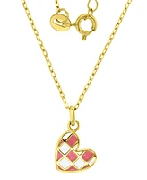 Enamel Heart Checkerboard Pattern Pendant Necklace 14k Gold-Plated Sterling Silver, 13" + 2" extender