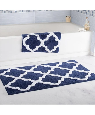 Lavish Home 100 Percent Cotton Trellis Bathroom Mat Set, Navy - 2 Piece