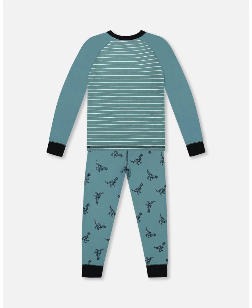 Baby Boy Organic Cotton Long Sleeve Two Piece Pajama Set Teal With Mechanical Dinosaurs Print - Infant