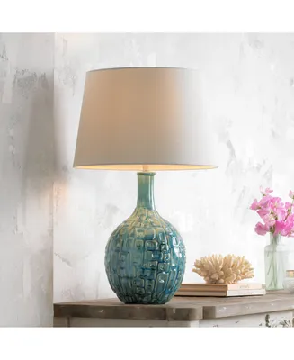 Modern Table Lamp 26" High Teal Glaze Raised Square Ceramic Gourd White Fabric Tapered Drum Shade Decor for Bedroom Living Room House Home Bedside Nig