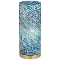 Nikki Modern Coastal Accent Table Lamp 13 1/2" High Antique Brass Metal Blue Art Glass Cylinder Shade for Bedroom Living Room Nightstand Bedside Night