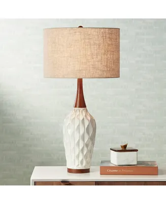 Rocco Mid Century Modern Table Lamp 30" Tall White Wave Geometric Ceramic Oak Wooden Neck Tan Fabric Drum Shade for Living Room Bedroom House Bedside