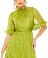 Women's Ruffled High Neck Flutter Sleeve Low Hem Gown