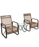 3 Pieces Patio Rattan Furniture Set with 2 Single Wicker Chairs and Glass Side Table - Brown