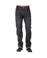 Men's Relaxed Straight Leg Premium Denim Jeans Black Coated Throwback Style Zipper Trim Pockets