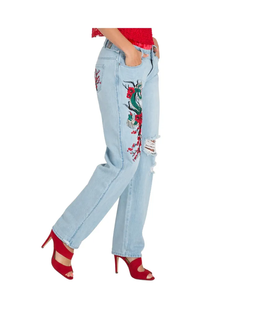 Women's Curvy Fit Light Wash Dragon Embroidered Mom Jeans