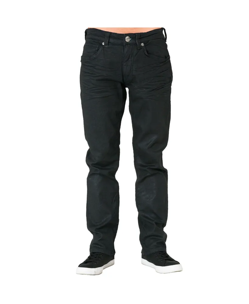 Black Premium Coated Denim Relaxed Straight Jeans Throwback Style Zipper  Trim Pockets