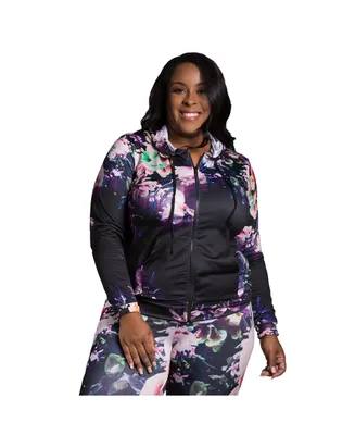 Women's Plus Curvy Fit Floral Printed Poly Tricot Track Jacket Hoodies