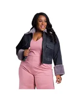 Women's Plus Curvy Fit Zip Up Faux Fur Trim Trucker Jacket