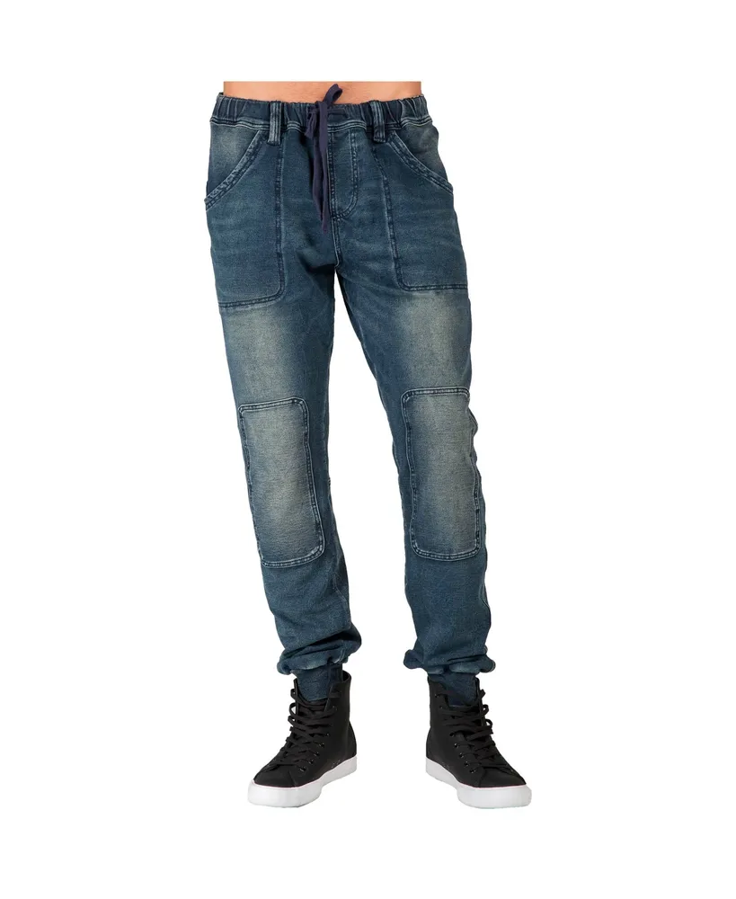 Men's Premium Knit Denim Jogger Jeans Indigo Hand Sanded Knee Patches