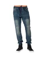 Men's Premium Knit Denim Jogger Jeans Indigo Hand Sanded Knee Patches