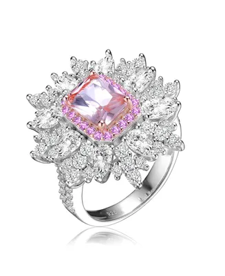 Sterling Silver White Gold Plated Radiant Morganite with Clear Cubic Zirconia Halo Ring