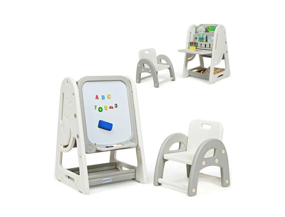 2-in-1 Kids Easel Desk Chair Set Book Rack Adjustable Art Painting Board