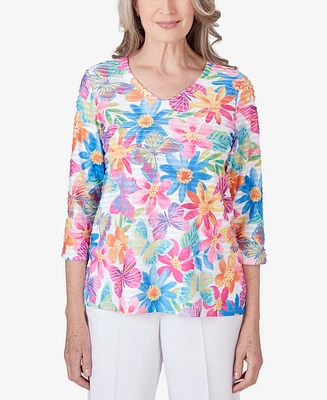 Alfred Dunner Women's Paradise Island Floral Butterfly Pleated Ruffle Top