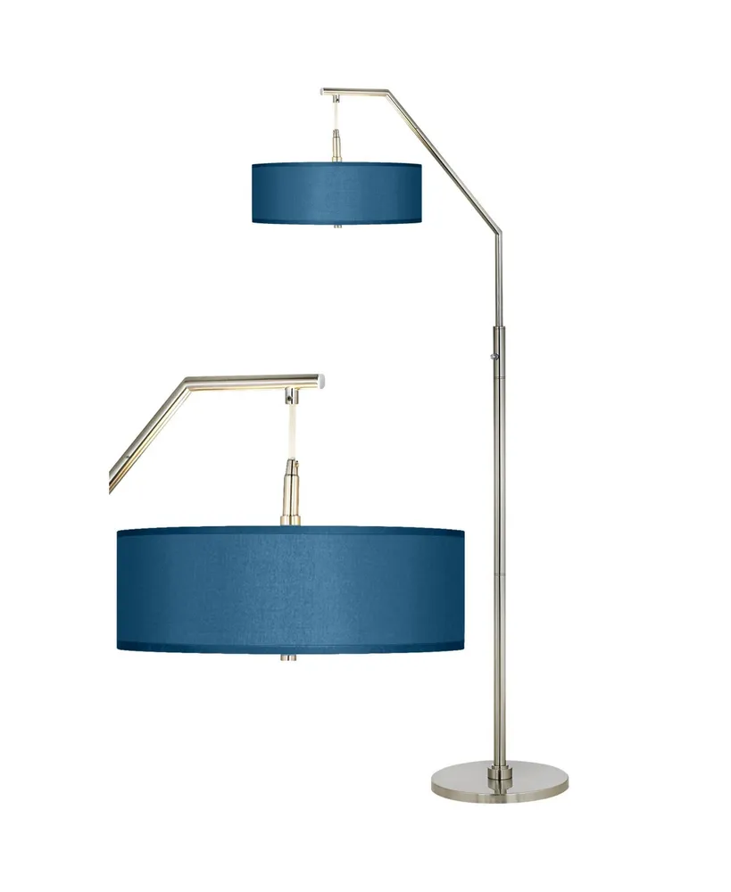 Modern Arc Floor Lamp Standing 71 1/2" Tall Brushed Nickel Silver Metal Blue Textured Faux Silk Fabric Shade Decor for Living Room Reading House Bedro