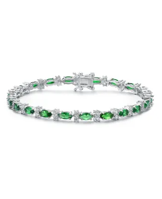 Sterling Silver White Gold Plated Clear Round and Green Marquise Cubic Zirconia Tennis Bracelet