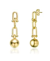 14k Yellow Gold Plated U-Shaped Link Chain Drop Earrings with Golden Ball