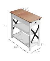 Side Table with Charging Station, End Table with Storage, White