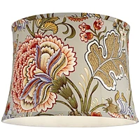 Sage Green with Flower Print Medium Drum Lamp Shade 14" Top x 16" Bottom x 11.5" High (Spider) Replacement with Harp and Finial - Springcrest - Multi