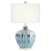 Mia 25" High Mid Century Modern Coastal Table Lamp Blue Drip Ceramic Single Off-White Shade Living Room Bedroom Bedside Nightstand House Office Home K