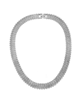 Sterling Silver with White Gold Plated Clear Round Cubic Zirconia Linear Pave Necklace