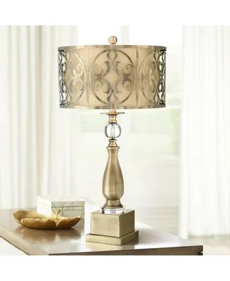 Doris Traditional Candlestick Table Lamp 30 1/2" Tall Brass Cutout Openwork Metal Outer Neutral Fabric Inner Drum Shade for Living Room Bedroom House