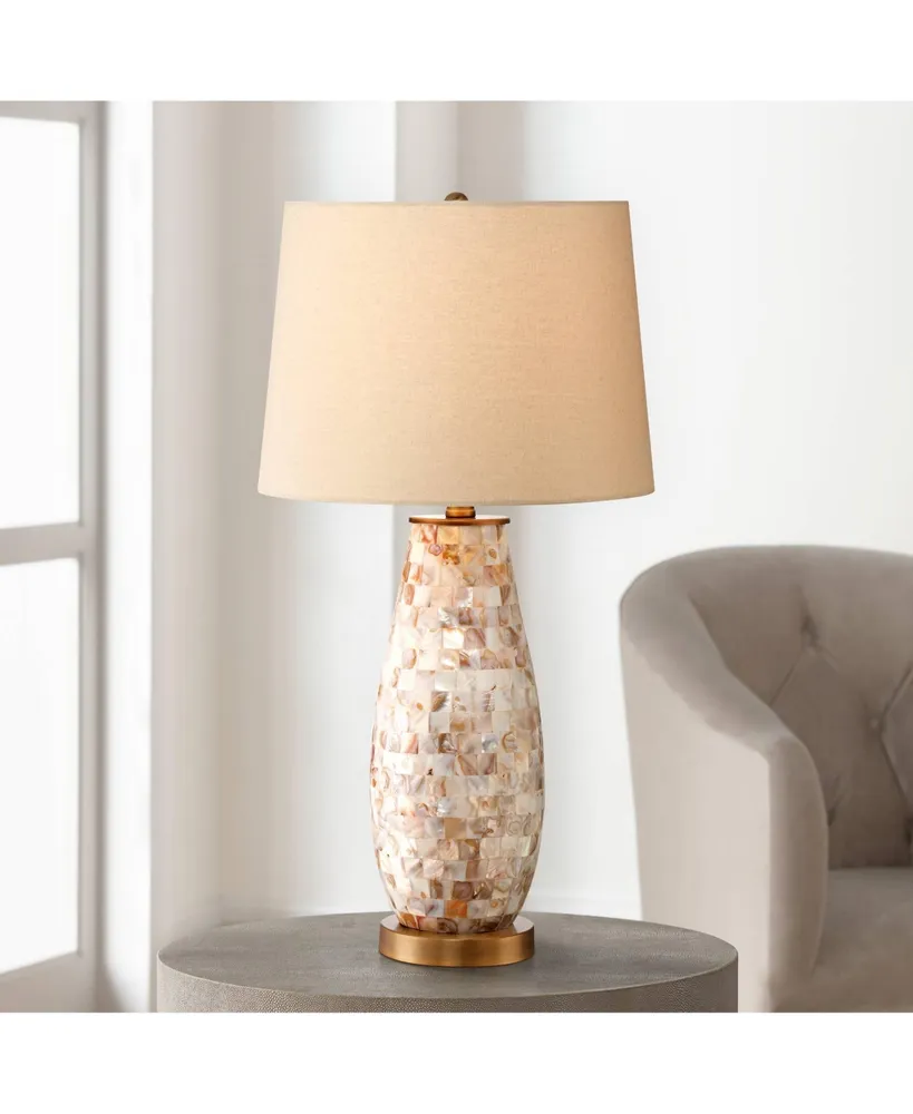 Kylie Cottage Style Table Lamp 26.5" High Mother of Pearl Tile Vase Glass Brass Metal Beige Drum Shade Decor for Living Room Bedroom House Bedside Nig