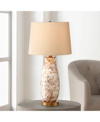 Kylie Cottage Style Table Lamp 26.5" High Mother of Pearl Tile Vase Glass Brass Metal Beige Drum Shade Decor for Living Room Bedroom House Bedside Nig