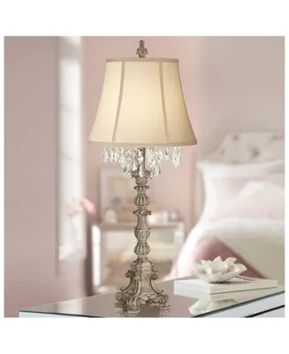Duval French Country Cottage Table Lamp 34" Tall Crystal Distressed Antique White Candlestick Beige Bell Shade Decor for Living Room House Bedside Nig