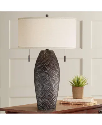 Noah Rustic Farmhouse Table Lamp 31" Tall Bronze Brown Hammered Textured Oatmeal Fabric Drum Shade for Bedroom Living Room House Bedside Nightstand Ho