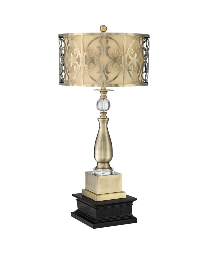 Rolland Traditional Table Lamp 30 Tall Antique Brass Crystal Column Off  White Tapered Drum Shade Decor for Living Room Bedroom House Bedside