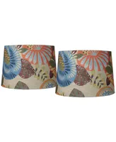 Set of 2 Tapered Drum Lamp Shades Multi Color Tropic Abstract Floral Medium 14" Top x 16" Bottom x 11" Slant Spider with Replacement Harp and Finial F