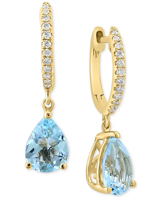 Effy Aquamarine (1-7/8 ct.t.w.) & Diamond (1/10 ct. t.w.) Dangle Hoop Earrings in 14k Gold