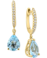 Effy Aquamarine (1-7/8 ct.t.w.) & Diamond (1/10 ct. t.w.) Dangle Hoop Earrings in 14k Gold