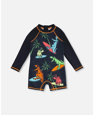 Boy Long Sleeve One Piece Rash guard Black Printed Dinosaurs - Child