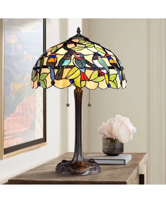 Traditional Tiffany Style Table Lamp 24.75" High Bronze Tropical Birds Clear Multicolored Antique Stained Glass Shade Decor for Living Room Bedroom Ho