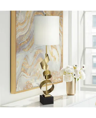 Luxe Modern Buffet Console Table Lamp 32" Tall Skinny Sculptural Gold Scroll Metal White Drum Shade for Bedroom Living Room Bedside Nightstand House H