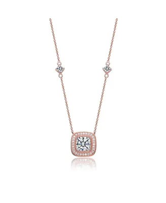 Sterling Silver Cubic Zirconia 18K Rose Gold Plated Square Stud Necklace