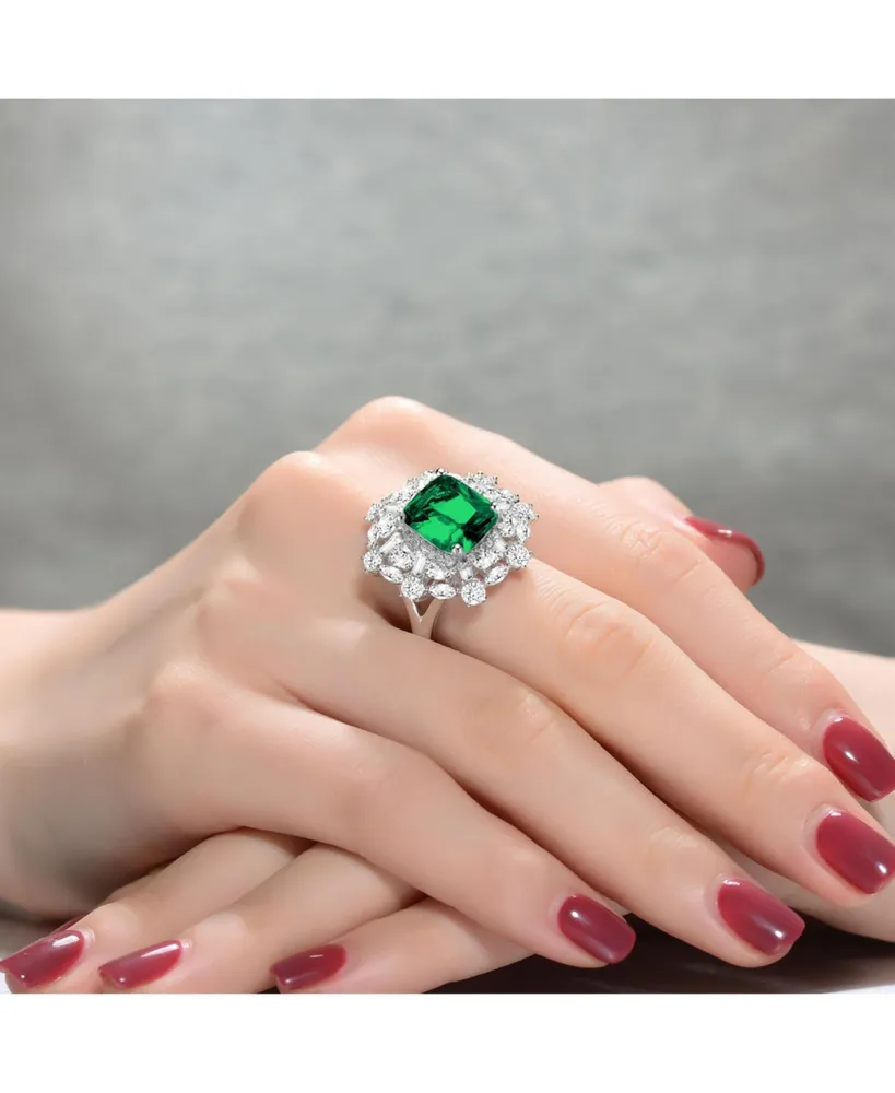 Sterling Silver White Gold Plated with Emerald Square Cubic Zirconia with Cubic Zirconia's Petals Flower Ring