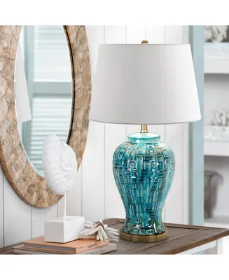 Asian Modern Table Lamp 27" Tall Teal Glaze Textured Ceramic Temple Jar White Tapered Drum Shade for Bedroom Living Room House Home Bedside Nightstand