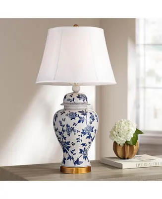 Traditional Asian Chinese Style Table Lamp 25" High Crackle Ceramic Blue White Temple Jar Bell Shade Decor for Living Room Bedroom House Bedside Night